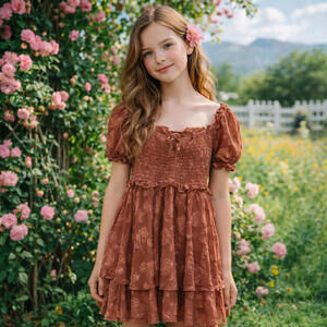 Altar'd State Girls Mini Dress Brown Floral Boho Chic Tiered Puff Sleeved XS